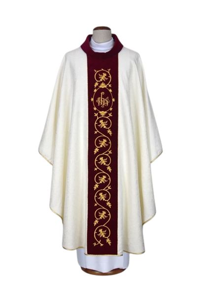 Ornat ecru haftowany, tkanina adamaszek - IHS (21) - Ornaty białe/ ecru - Nowość