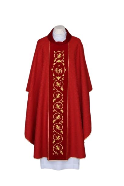 Ornat czerwony haftowany, tkanina adamaszek - IHS (21) - Ornaty czerwone - Nowość