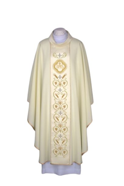 Ornat ecru haftowany, pas atłasowy - IHS (23) - Ornaty białe/ ecru - Nowość