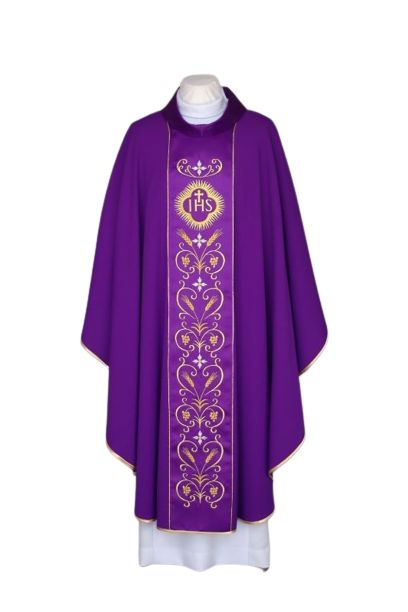 Ornat fioletowy haftowany, pas atłasowy - IHS (23) - ORNATY NA WIELKI POST - Nowość