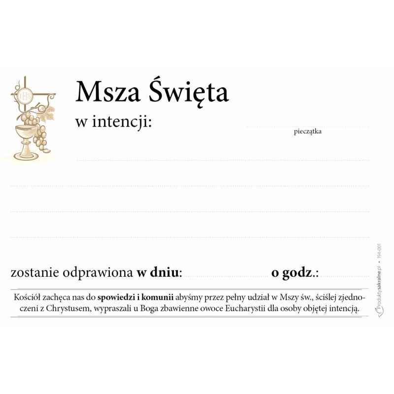 Intencja Mszy Świętej - (format A6) - 25 szt. - BIURO PARAFIALNE - Intencja Mszy Świętej - (format A6) - 25 szt.