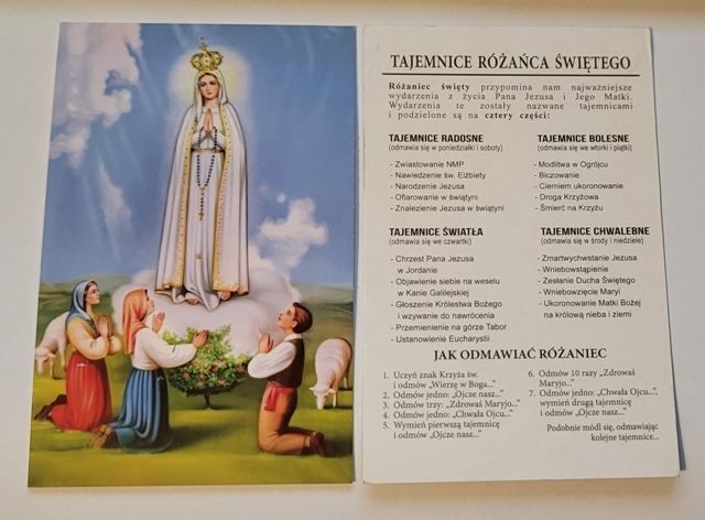 Obrazek z modlitwą Tajemnice Różańcowe Fatima - 1 sztuka (1) - RÓŻAŃCE, KORONKI, TAJEMNICE RÓŻAŃCOWE - Nowość