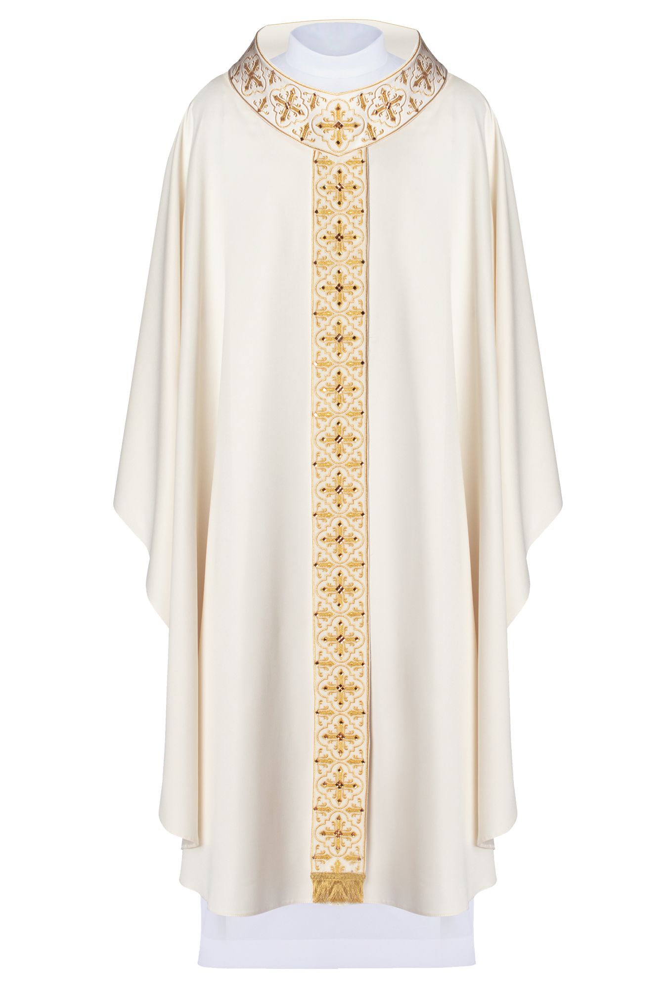 Ornat haftowany z wąskim pasem, ozdobne kamienie - ecru (H54) - Ornaty białe/ ecru - Nowość