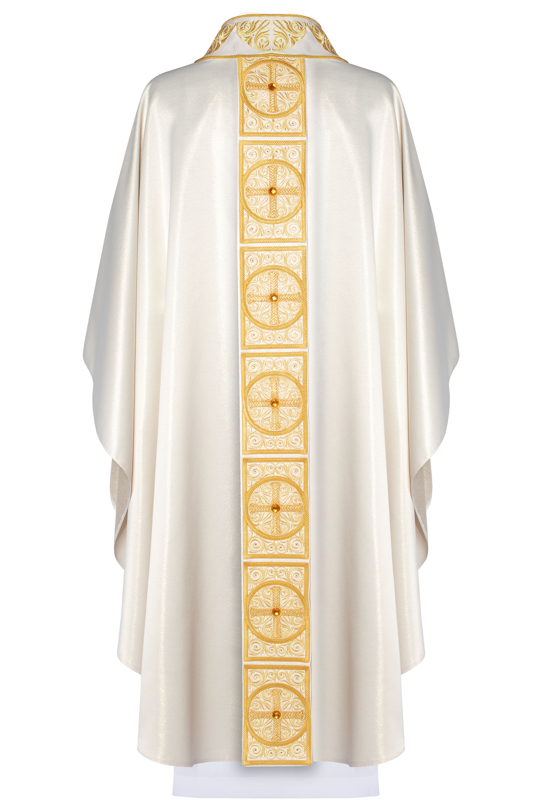 Ornat bogato haftowany, ozdobne kamienie - ecru (H60) - Ornaty białe/ ecru - zdjęcie 2 - Ornat bogato haftowany, ozdobne kamienie - ecru (H60)