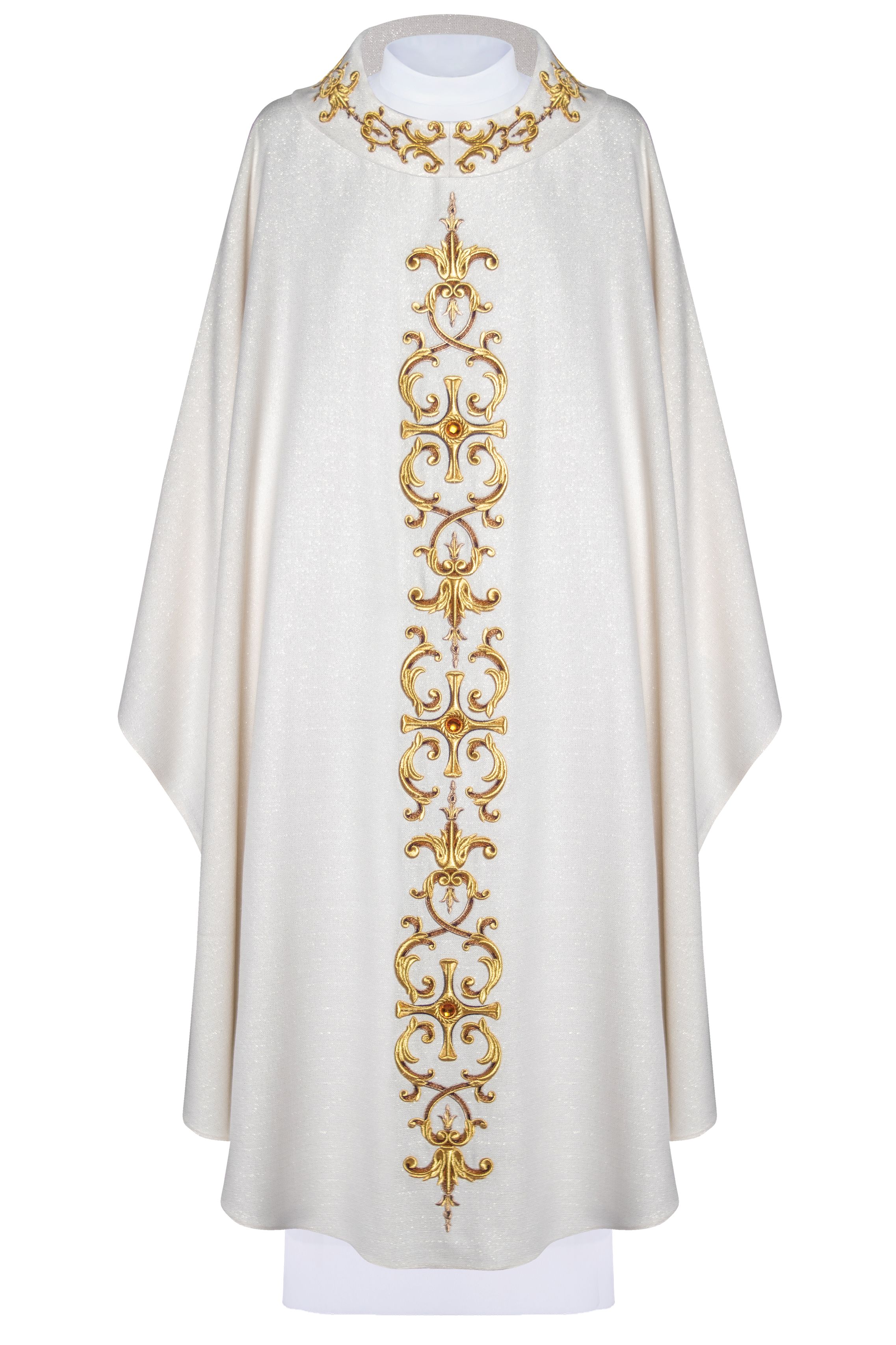 Ornat bogato haftowany, ozdobne kamienie - ecru (H61) - Ornaty białe/ ecru - Nowość