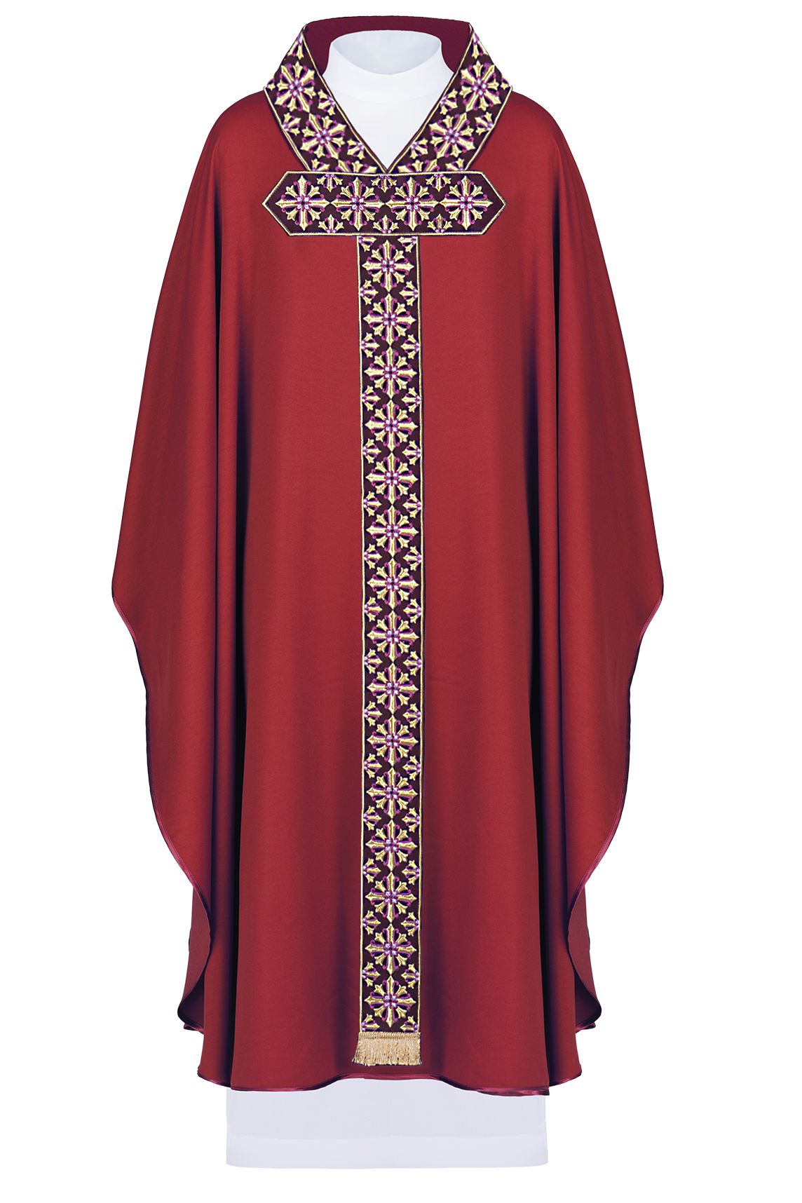 Ornat z haftowanym pasem i kołnierzem. motyw krzyża - czerwony (H85) - Ornaty czerwone - Nowość