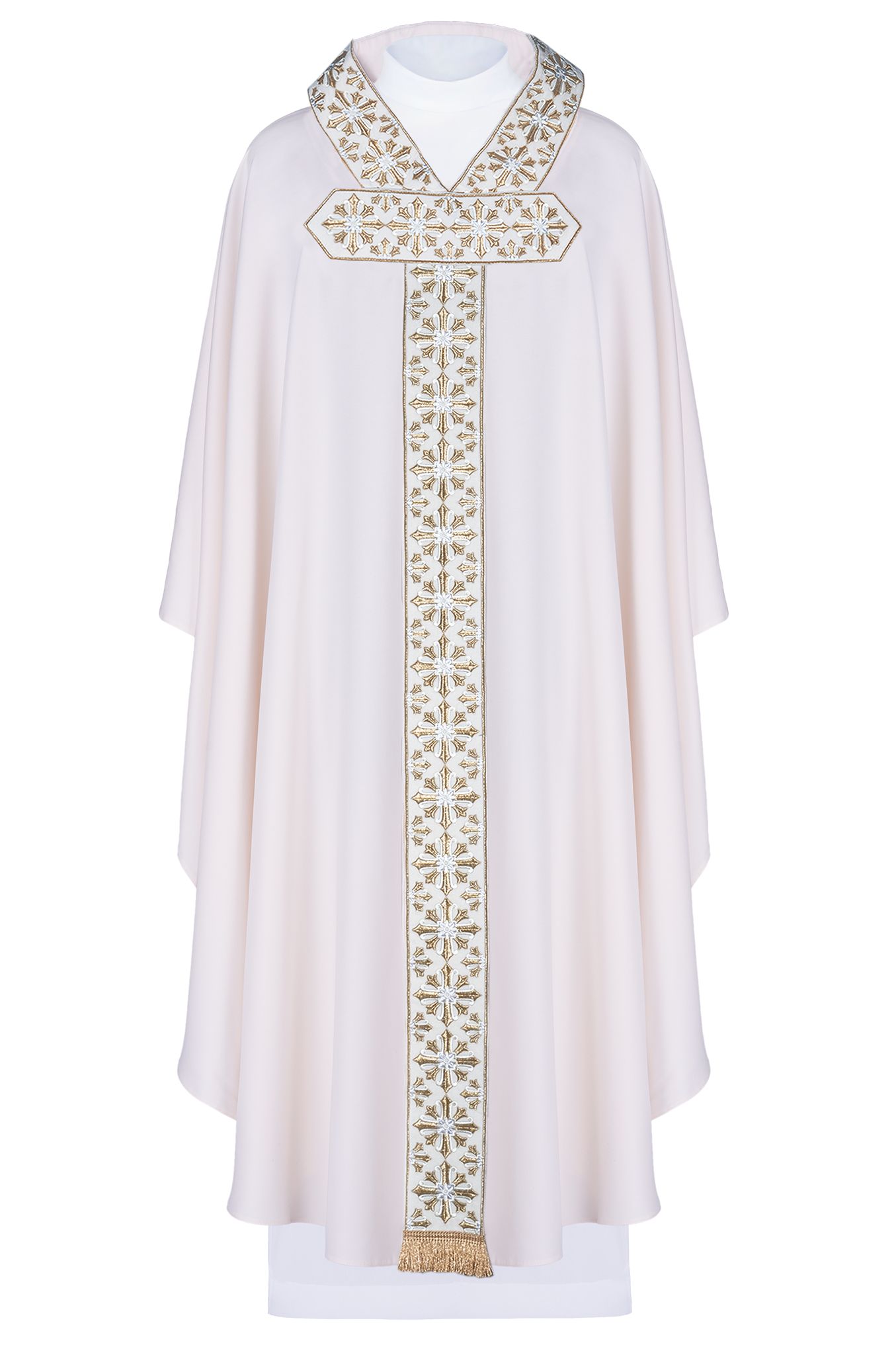 Ornat z haftowanym pasem i kołnierzem. motyw krzyża - ecru (H87) - Ornaty białe/ ecru - Nowość