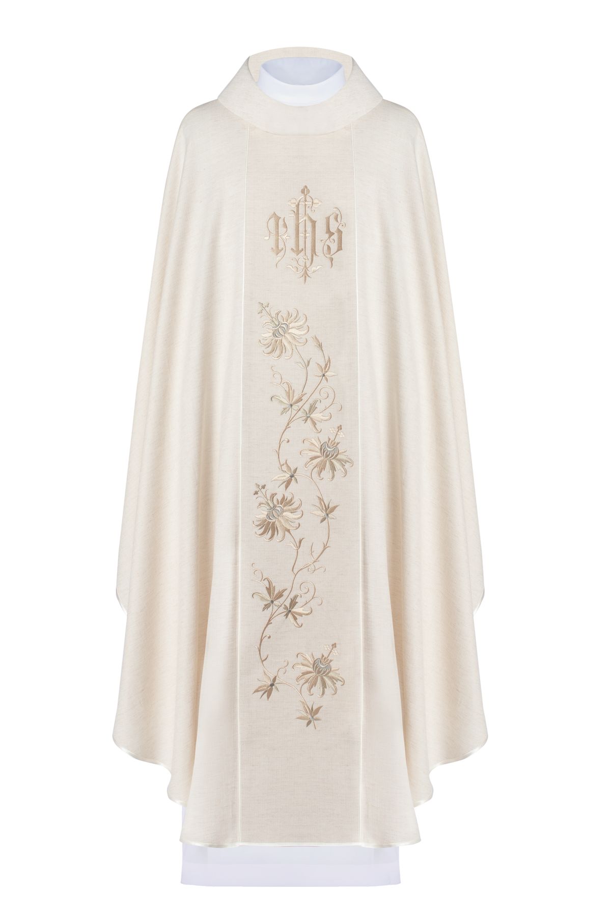 Ornat haftowany z symbolem IHS - ecru (H106) - Ornaty białe/ ecru - zdjęcie 2 - Ornat haftowany z symbolem IHS - ecru (H106)