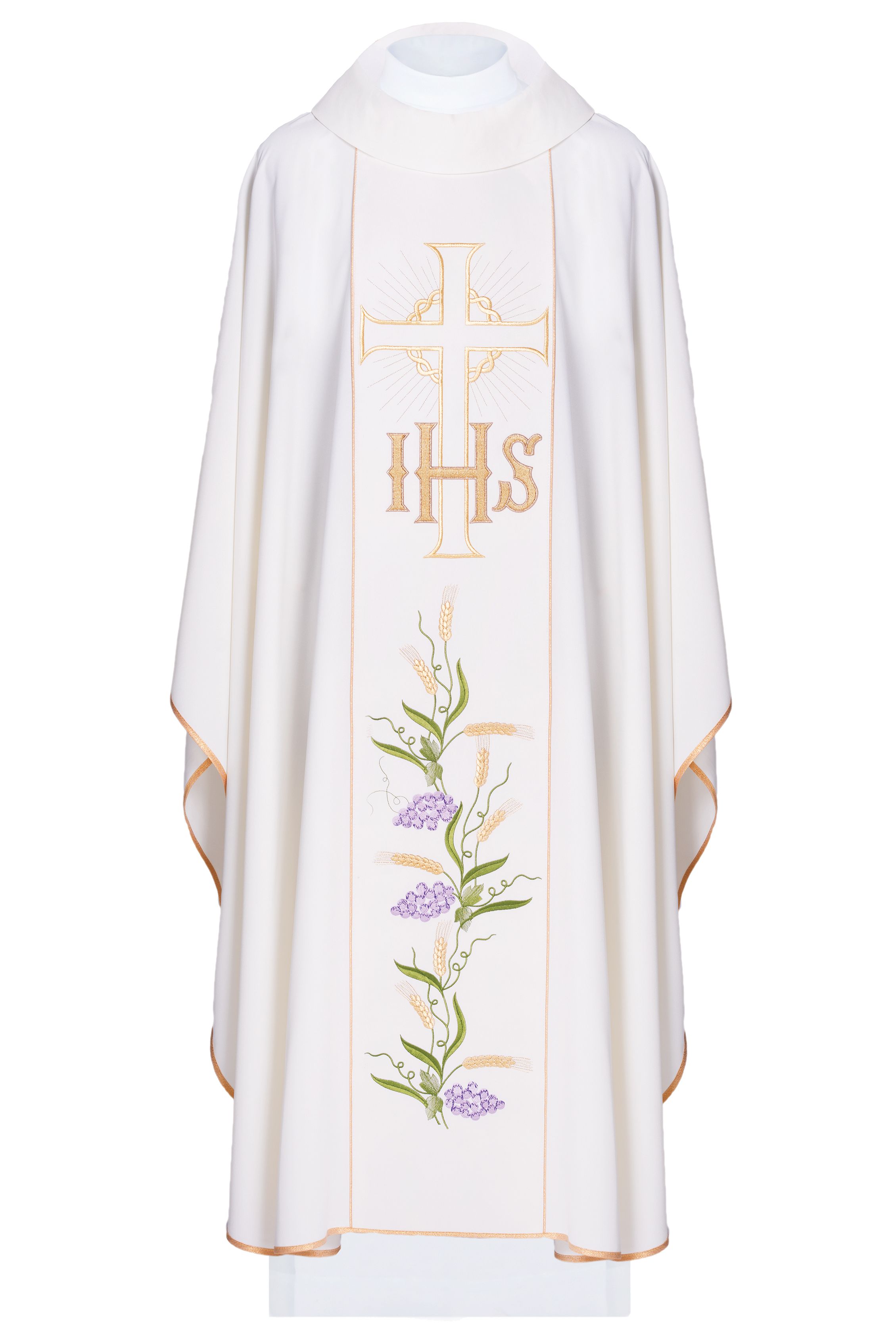 Ornat haftowany z symbolem IHS, Krzyża i winogron - ecru (H107) - Ornaty białe/ ecru - Nowość