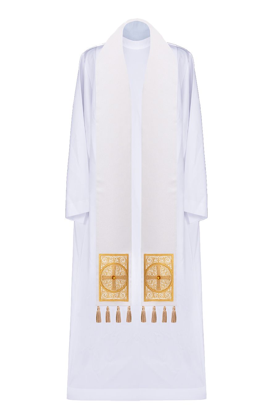 Stuła haftowana ecru, zdobiona chwostami (3H) - EUCHARYSTYCZNE - Nowość