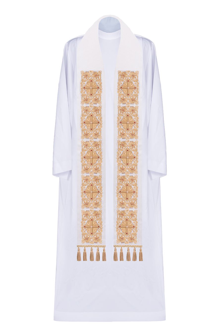 Stuła haftowana ecru, zdobiona chwostami (4H) - EUCHARYSTYCZNE - Nowość