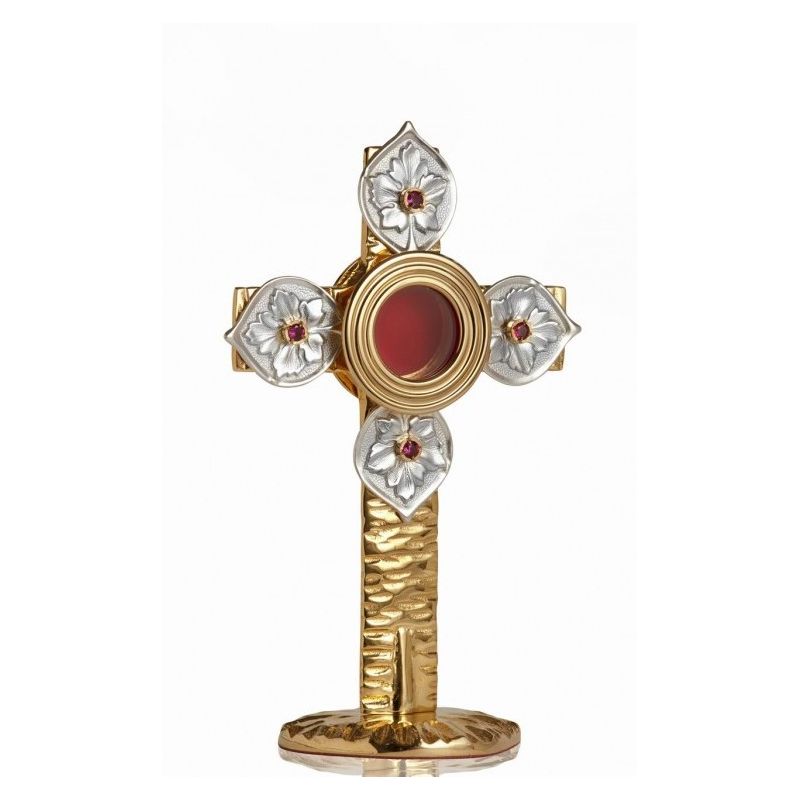 Relikwiarz mosiężny, złocony 22 cm - Krzyż z listkami (4S) - RELIKWIARZE - Relikwiarz mosiężny, złocony 22 cm - Krzyż z listkami (4S)