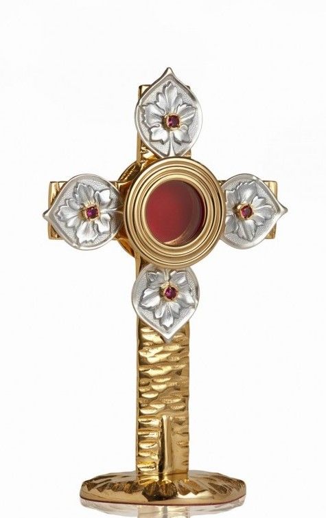 Relikwiarz mosiężny, złocony 22 cm - Krzyż z listkami (4S) - RELIKWIARZE - Nowość