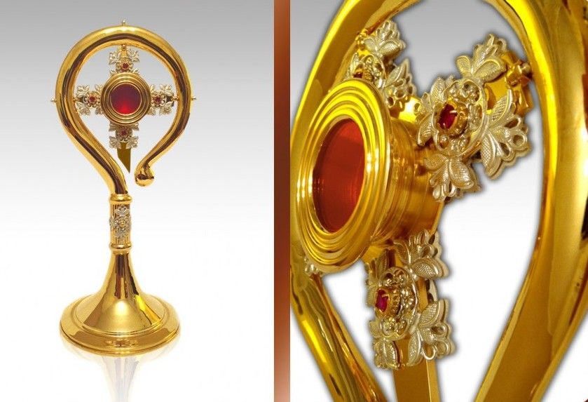 Relikwiarz mosiężny, złocony 37 cm - w formie pastorału (5S) - RELIKWIARZE - Nowość