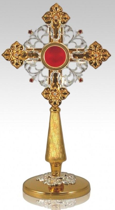 Relikwiarz mosiężny, złocony 40 cm - w formie krzyża (6S) - RELIKWIARZE - Nowość