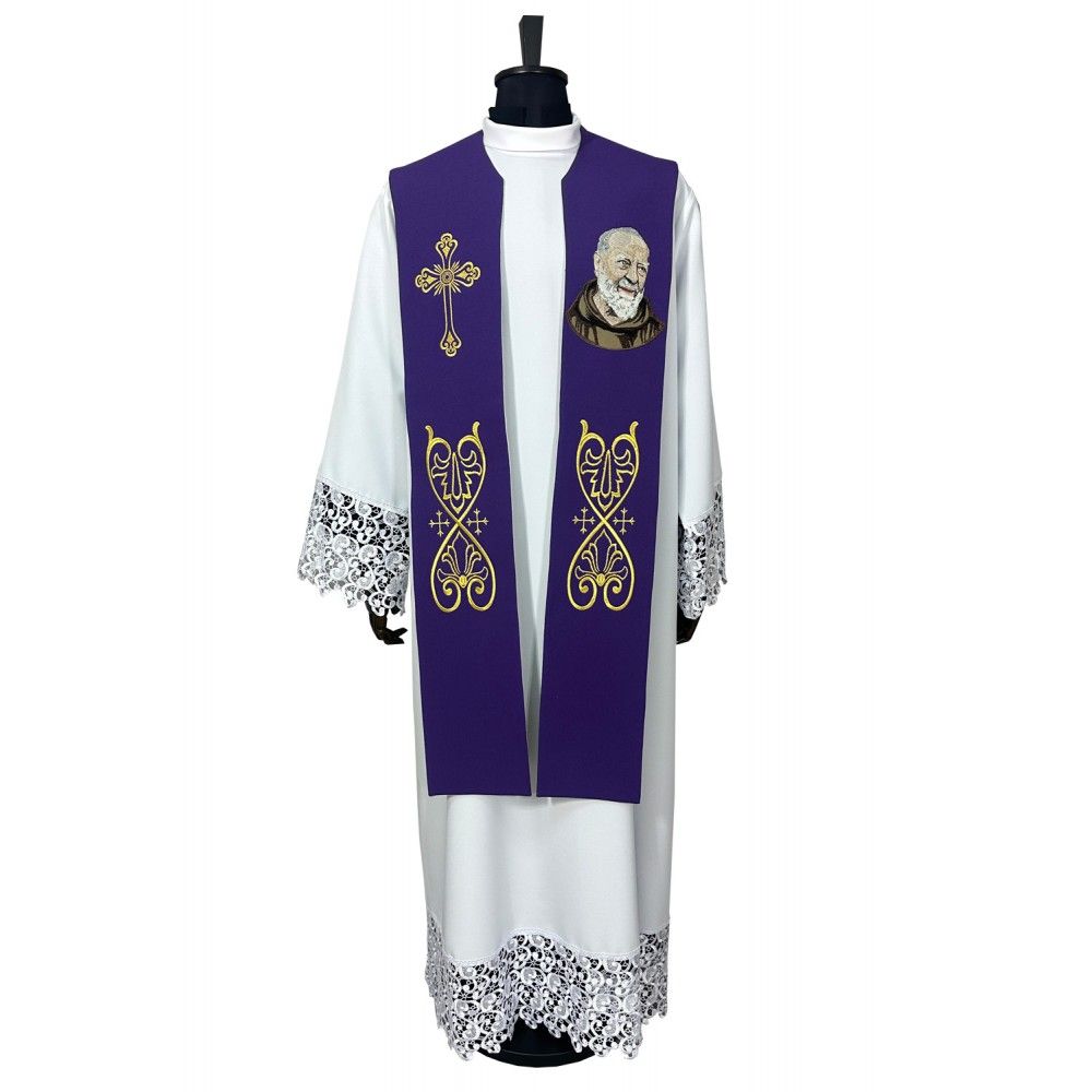 Stuła haftowana św. Ojciec Pio - kolor fioletowy (2K) - Z POSTACIAMI - Nowość