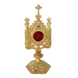 Relikwiarz neogotycki z futerałem, odlew  mosiężny, złocony -30 cm (1A) - RELIKWIARZE