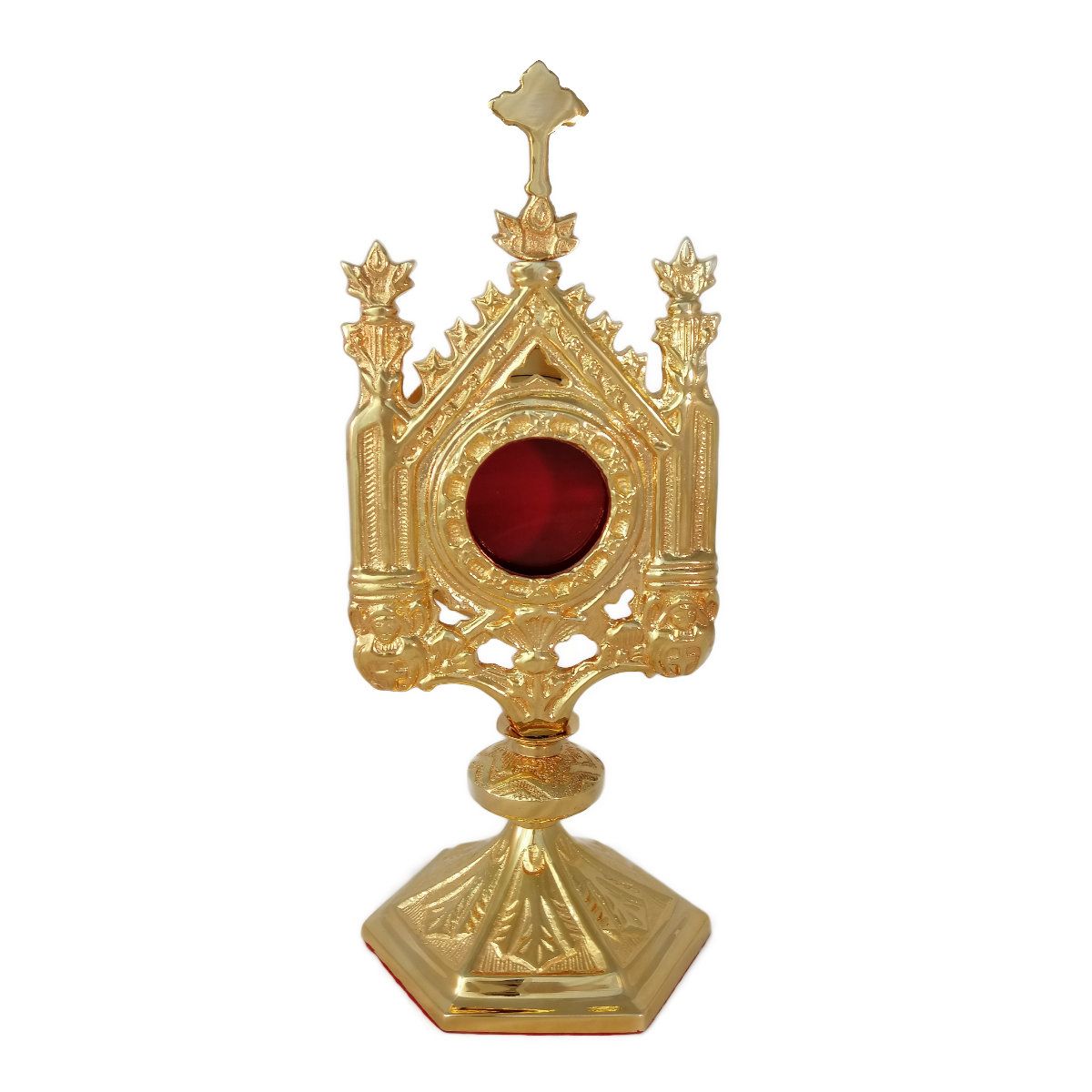 Relikwiarz neogotycki z futerałem, odlew  mosiężny, złocony -30 cm (1A) - RELIKWIARZE - Nowość