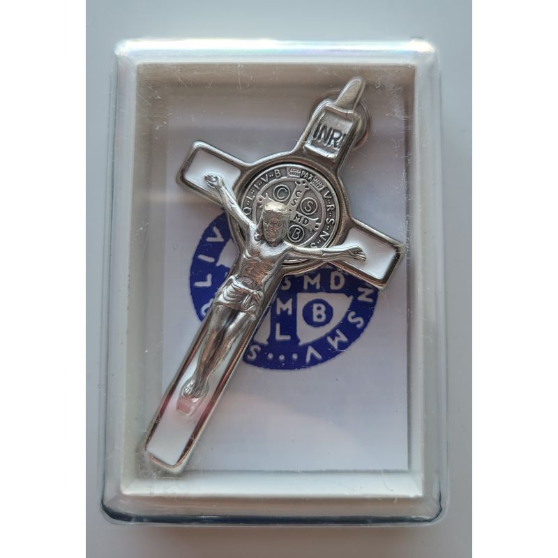 Krzyż Św. Benedykta, metalowy, emalia biała 8 x 4,2 cm - KRZYŻE, KRZYŻYKI - Krzyż Św. Benedykta, metalowy, emalia biała 8 x 4,2 cm