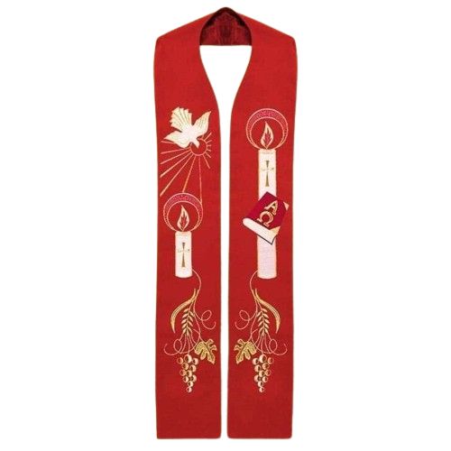 Stuła z Duchem Świętym - czerwona haftowana (3) - Z POSTACIAMI - Nowość