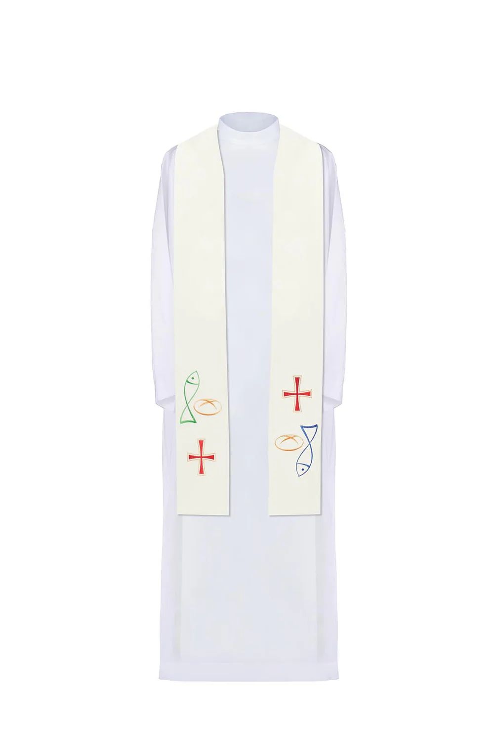 Stuła haftowana ecru, symbolika chleba, ryby, krzyża (35H) - EUCHARYSTYCZNE - Nowość