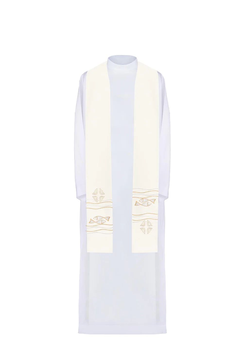Stuła haftowana ecru, symbolika ryby, krzyża (39H) - EUCHARYSTYCZNE - Nowość