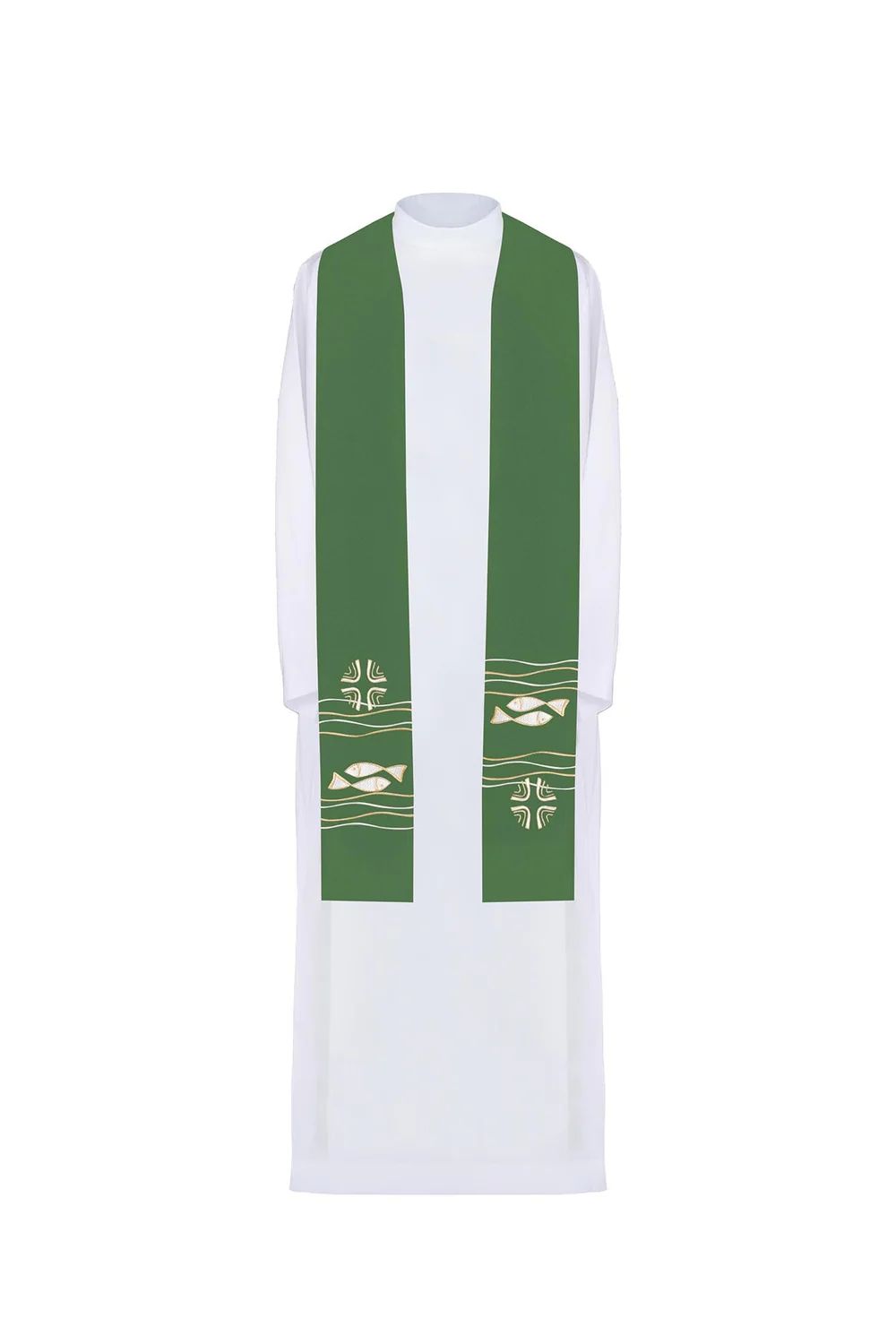 Stuła haftowana zielona, symbolika ryby, krzyża (40H) - EUCHARYSTYCZNE - Nowość