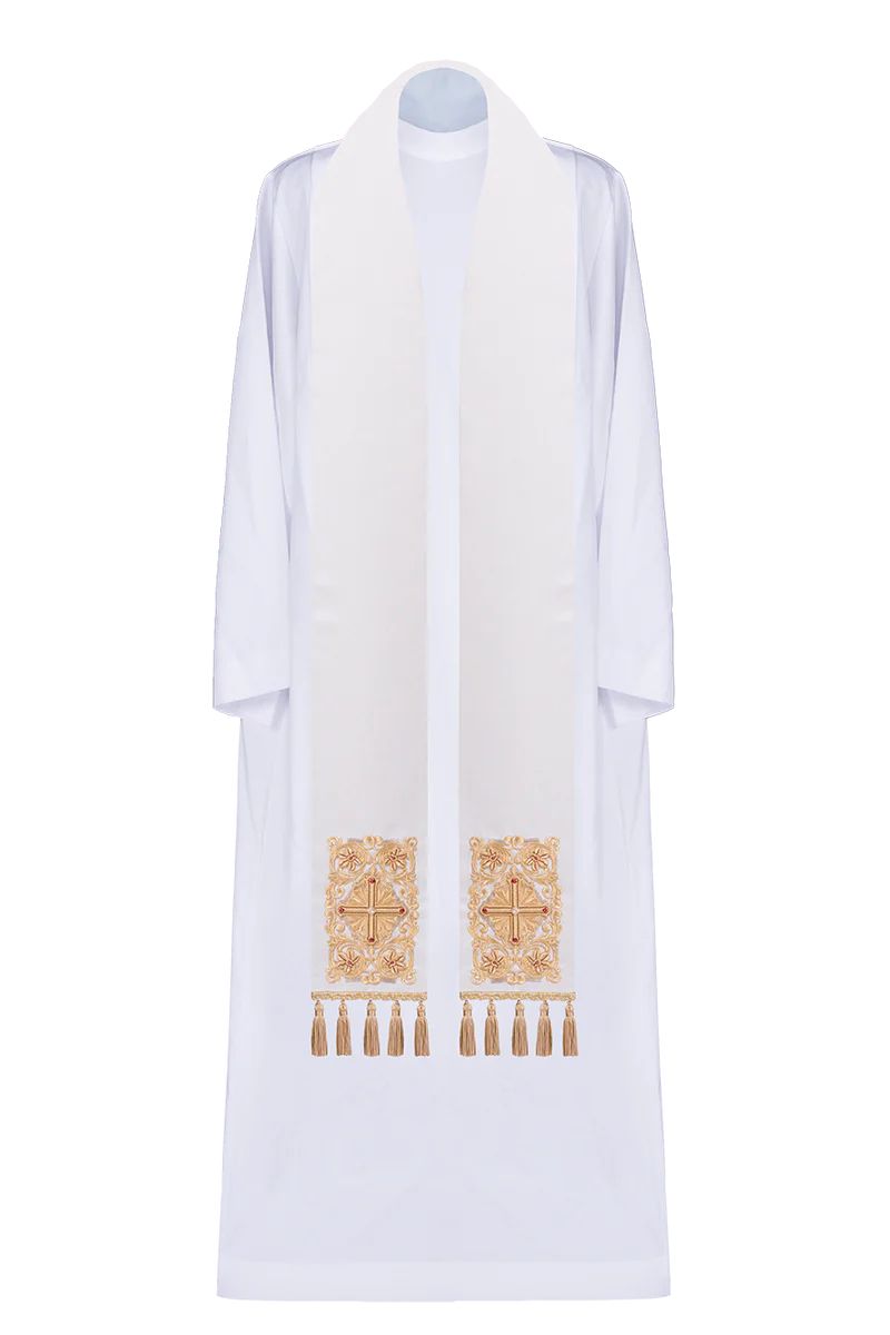 Stuła kapłańska haftowana z ozdobnymi kamieniami, biała (51H) - EUCHARYSTYCZNE - Nowość