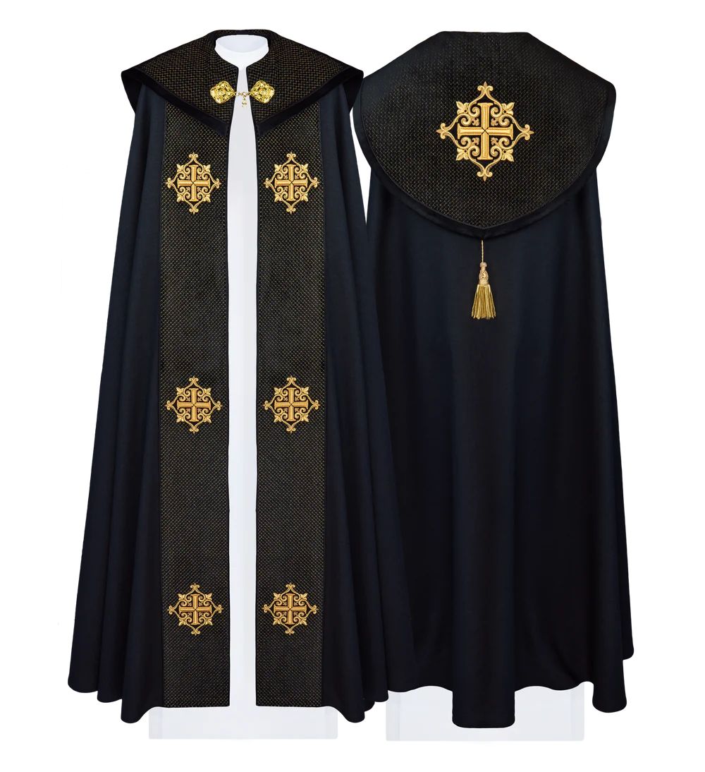 Kapa liturgiczna czarna, haftowana, aksamitny czarny pas (30H) - KAPY LITURGICZNE - Nowość