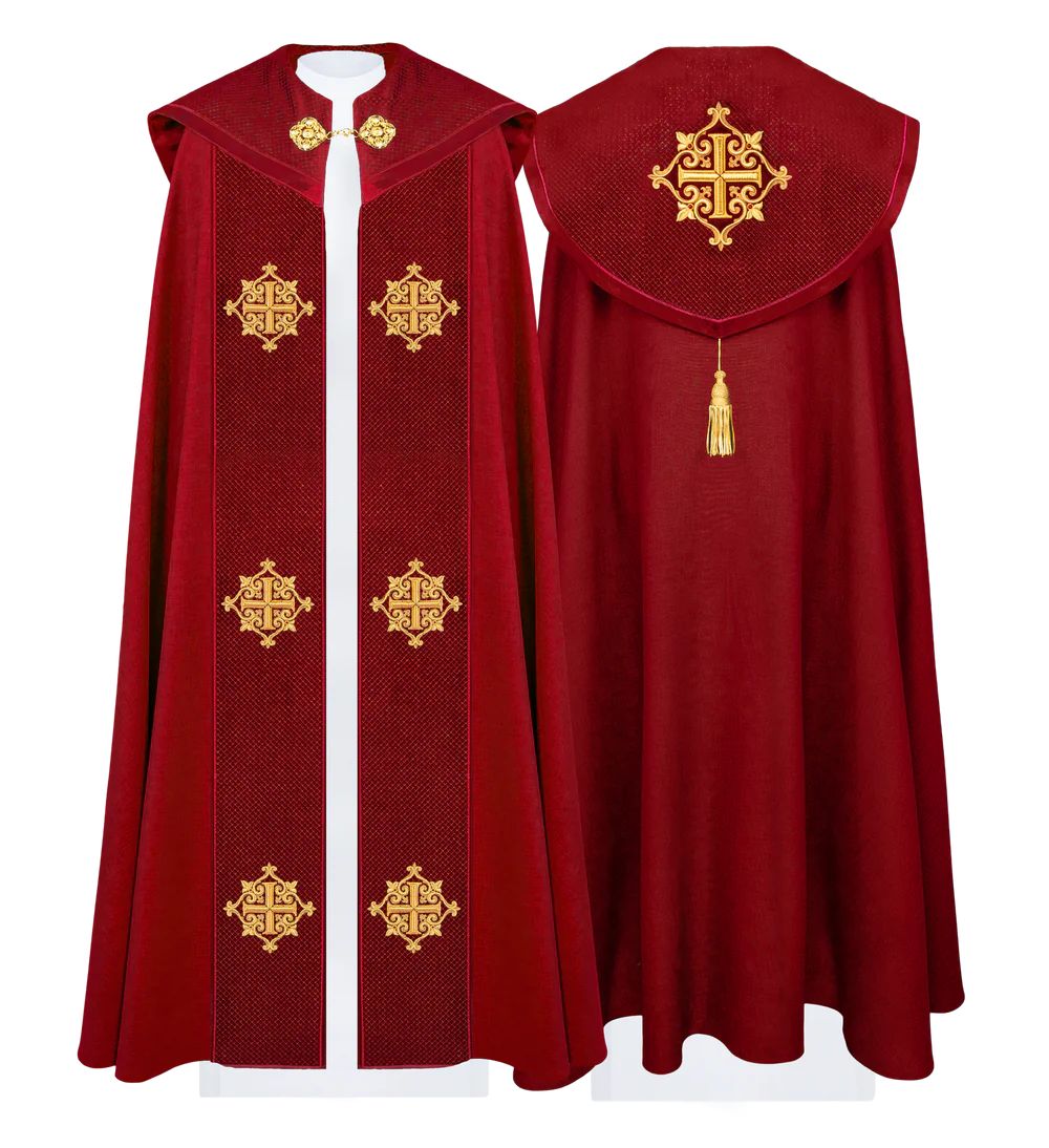 Kapa liturgiczna czerwona, haftowana, aksamitny czerwony pas (32H) - KAPY LITURGICZNE - Nowość