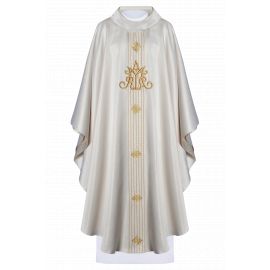 Ornat haftowany maryjny, ecru, inspirowany różańcem - błyszcząca tkanina (H200) - Ornaty Maryjne