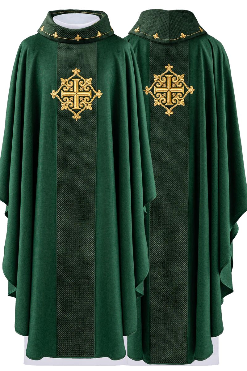 Ornat haftowany zielony, aksamit, symbol krzyża (H209) - Ornaty zielone - Nowość