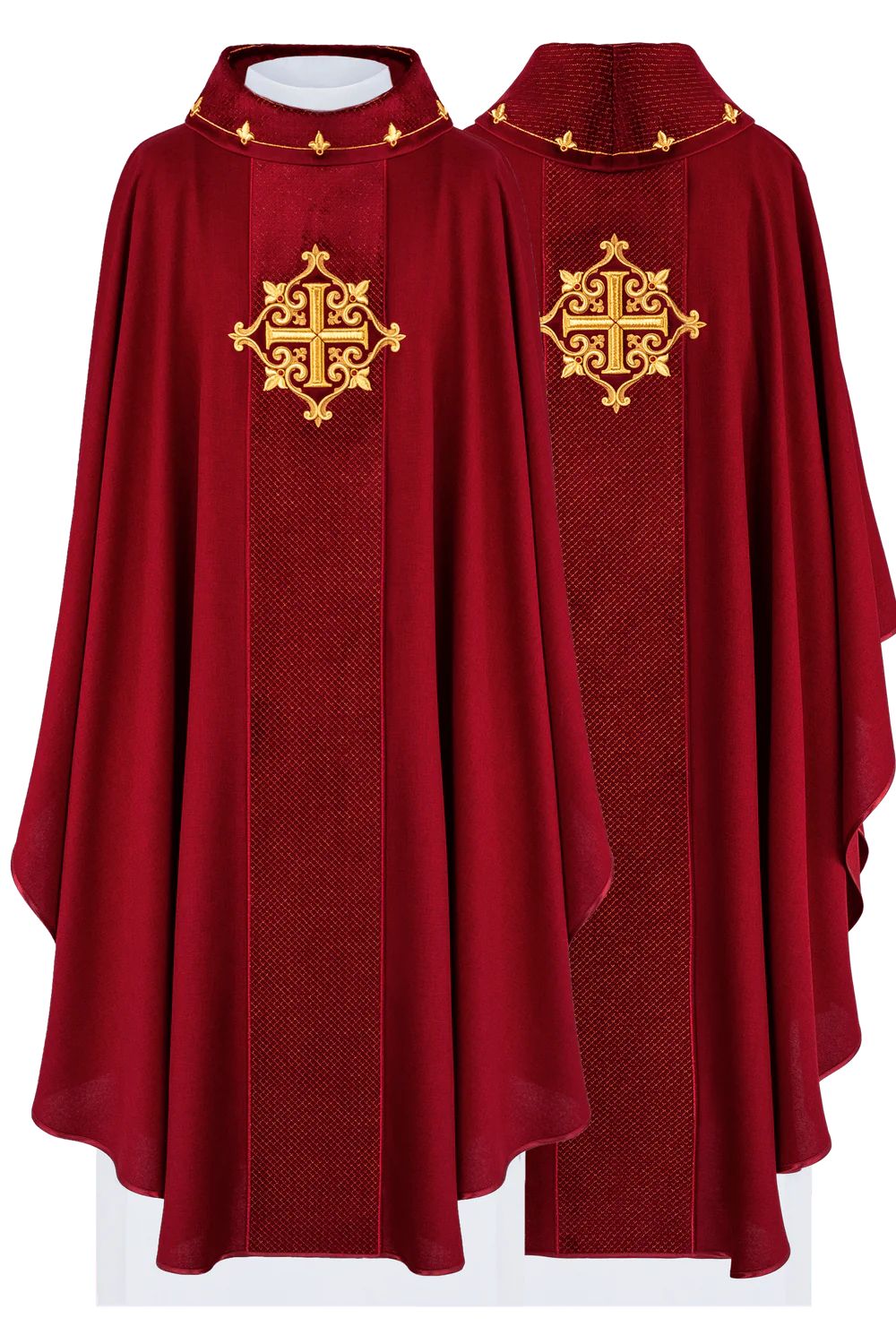 Ornat haftowany czerwony, aksamit, symbol krzyża (H210) - ORNATY NA WIELKI POST - Nowość