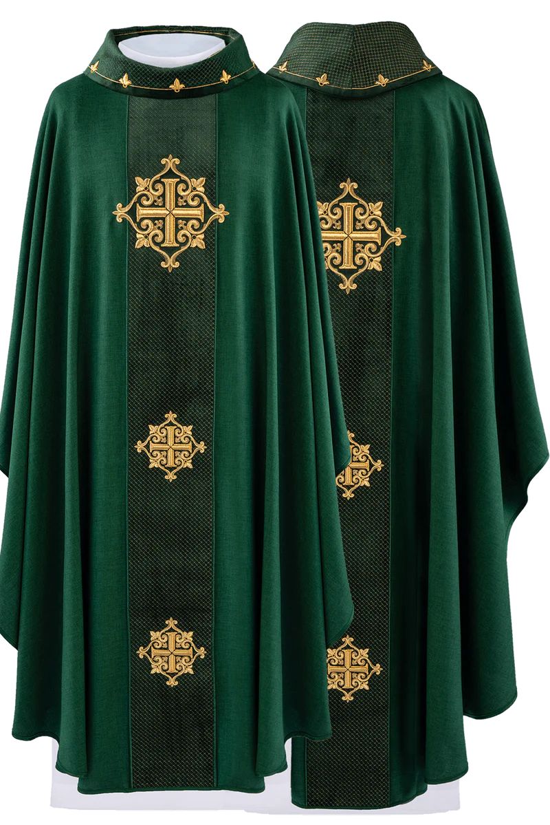 Ornat haftowany zielony, pas aksamit, symbol krzyży (H213) - Ornaty zielone - Nowość