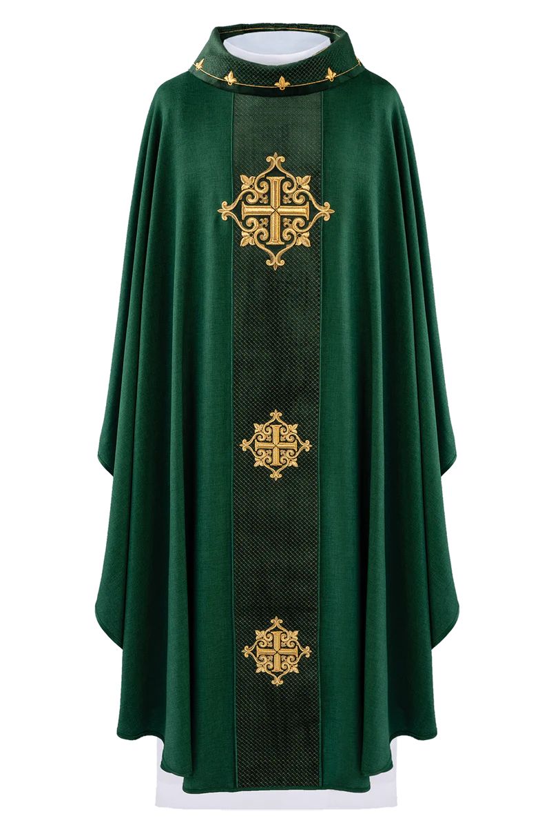 Ornat haftowany zielony, pas aksamit, symbol krzyży (H213) - Ornaty zielone - zdjęcie 3 - Ornat haftowany zielony, pas aksamit, symbol krzyży (H213)