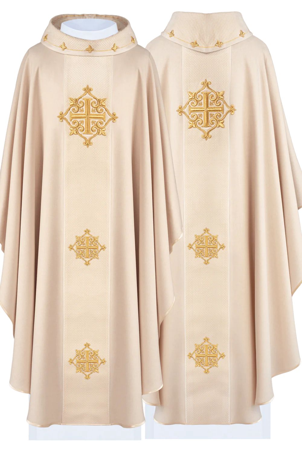 Ornat haftowany ecru, pas aksamit, symbol krzyży (H216) - Ornaty białe/ ecru - Nowość