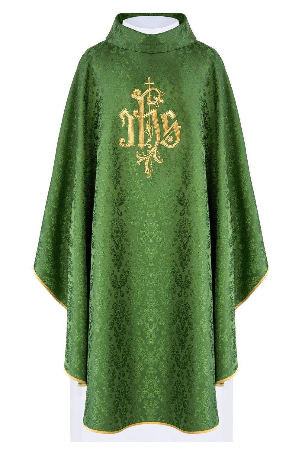 Ornat haftowany zielony, motyw IHS, tkanina ozdobna (H218) - Ornaty zielone - zdjęcie 3 - Ornat haftowany zielony, motyw IHS, tkanina ozdobna (H218)