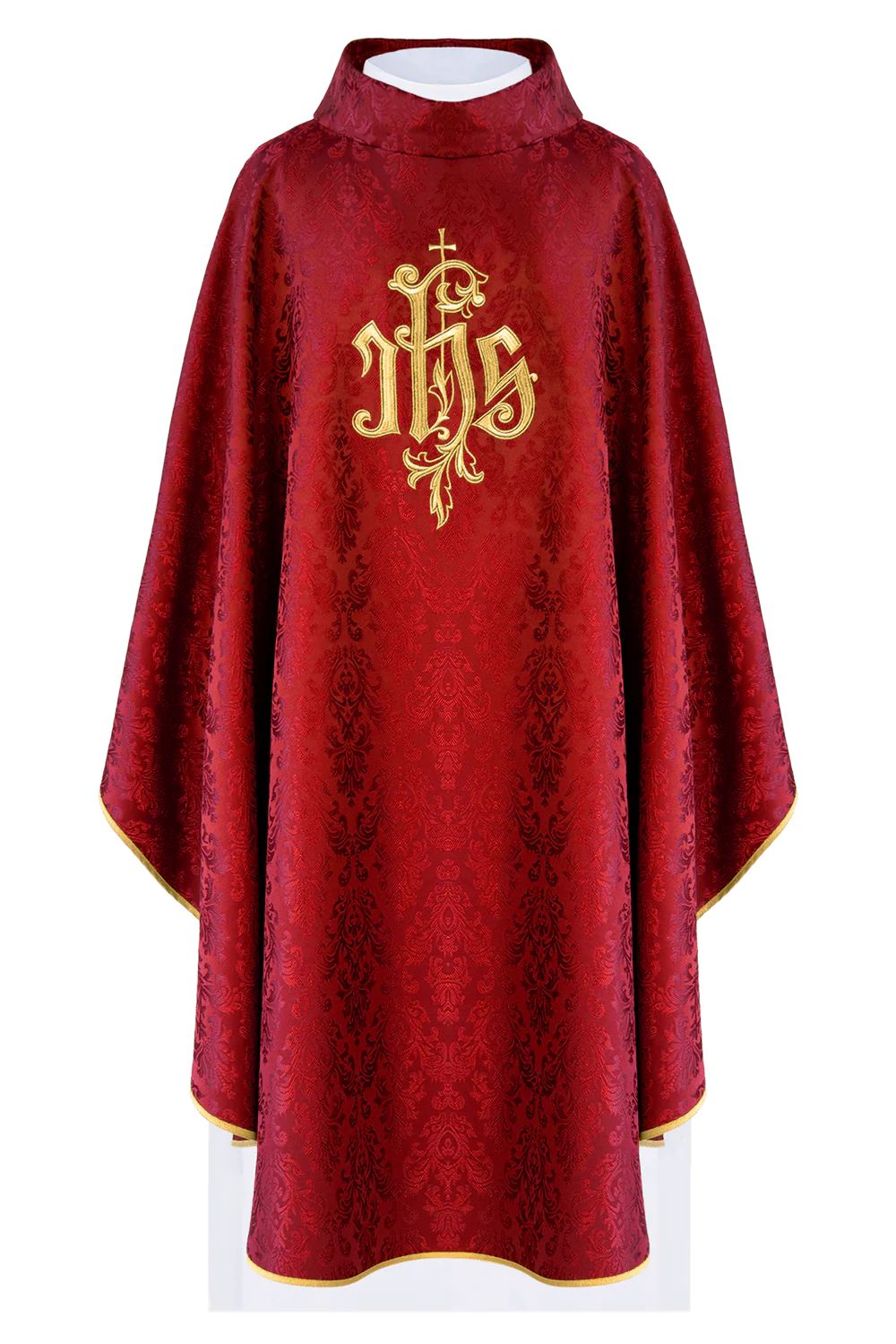 Ornat haftowany czerwony, motyw IHS, tkanina ozdobna (H219) - ORNATY NA WIELKI POST - zdjęcie 2 - Ornat haftowany czerwony, motyw IHS, tkanina ozdobna (H219)