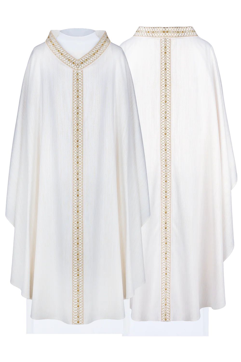 Ornat biały, z haftowanym kołnierzem i pasem (H221) - Ornaty białe/ ecru - Nowość