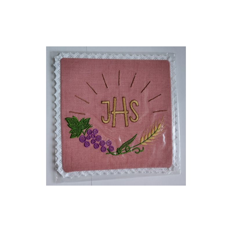 Palka haftowana różowa IHS, kłosy, winogrona (6) - BIELIZNA KIELICHOWA - Palka haftowana różowa IHS, kłosy, winogrona (6)
