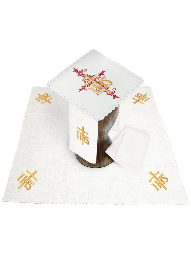 Bielizna kielichowa, lniana, haft IHS (90H) - Zestawy lniane - Nowość