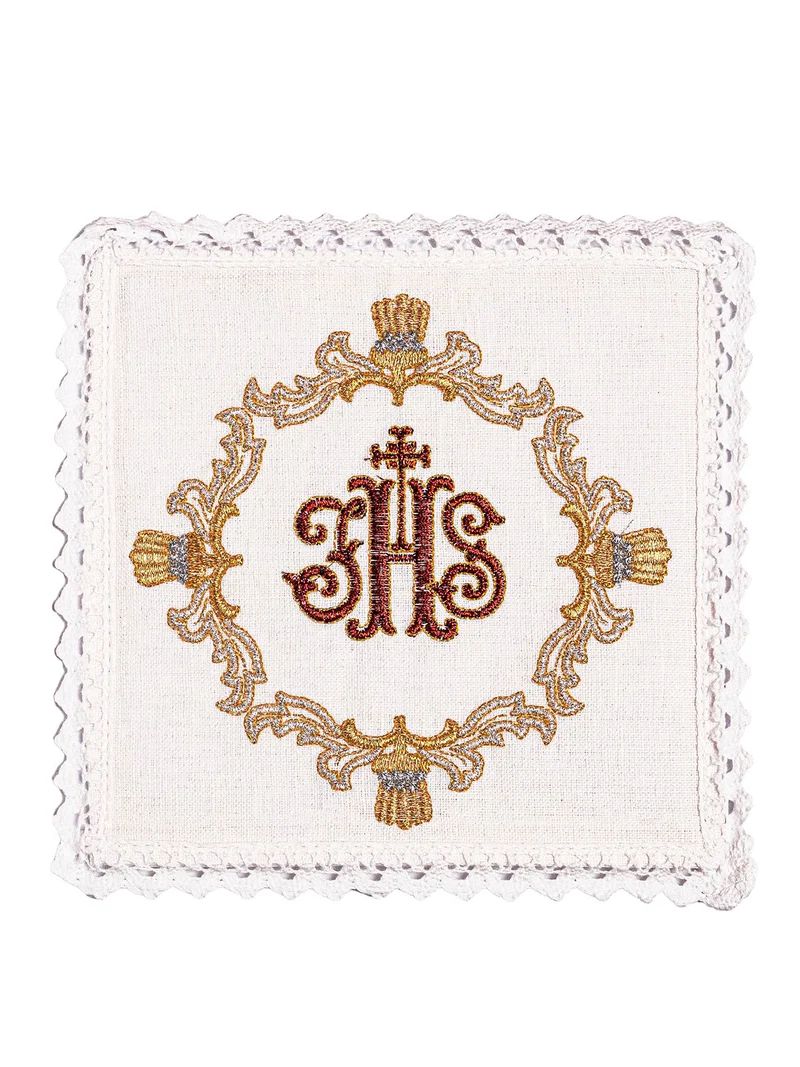 Bielizna kielichowa, lniana, haft czerwony IHS (102H) - Zestawy lniane - zdjęcie 3 - Bielizna kielichowa, lniana, haft czerwony IHS (102H)