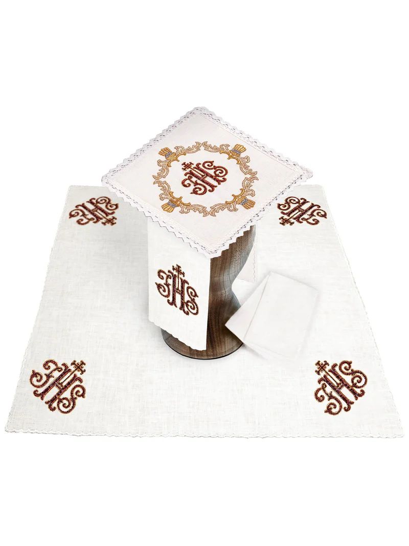 Bielizna kielichowa, lniana, haft czerwony IHS (102H) - Zestawy lniane - Nowość