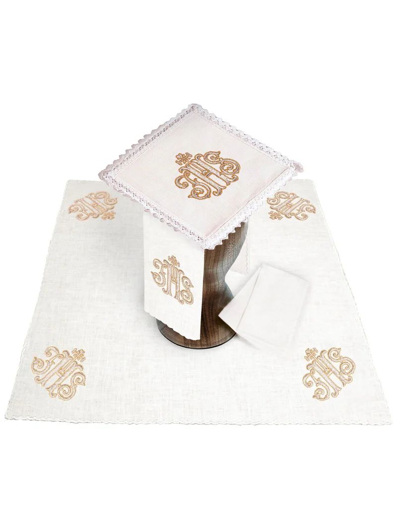 Bielizna kielichowa, lniana, haft IHS (120H) - Zestawy lniane - Nowość