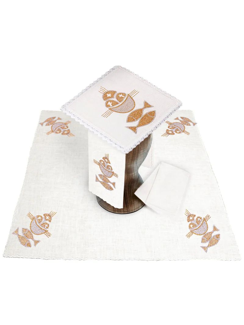 Bielizna kielichowa, lniana, haft ryby (124H) - Zestawy lniane - Nowość