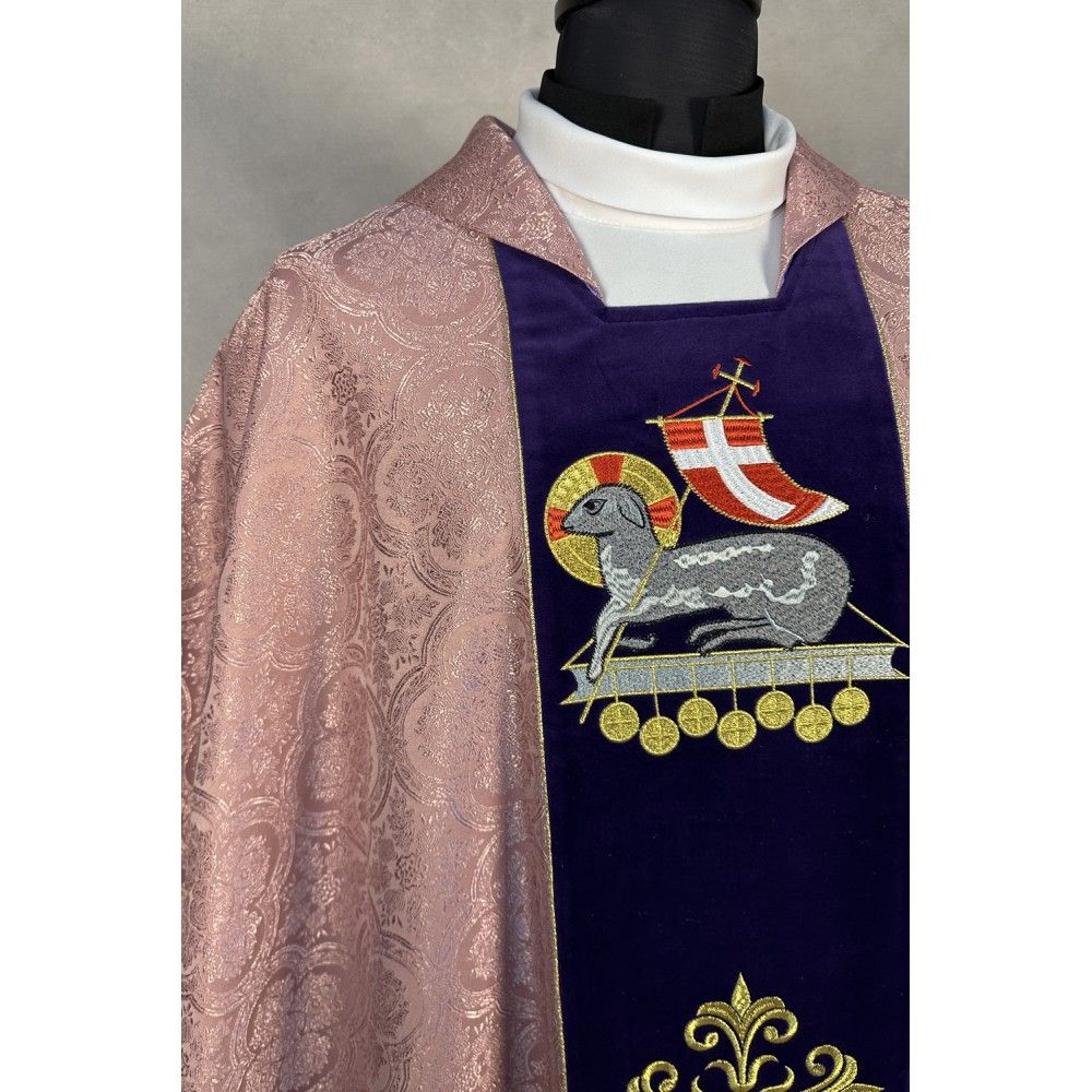 Ornat gotycki różowy + stuła, tkanina żakard (8K) - ORNATY WIELKANOCNE - zdjęcie 2 - Ornat gotycki różowy + stuła, tkanina żakard (8K)