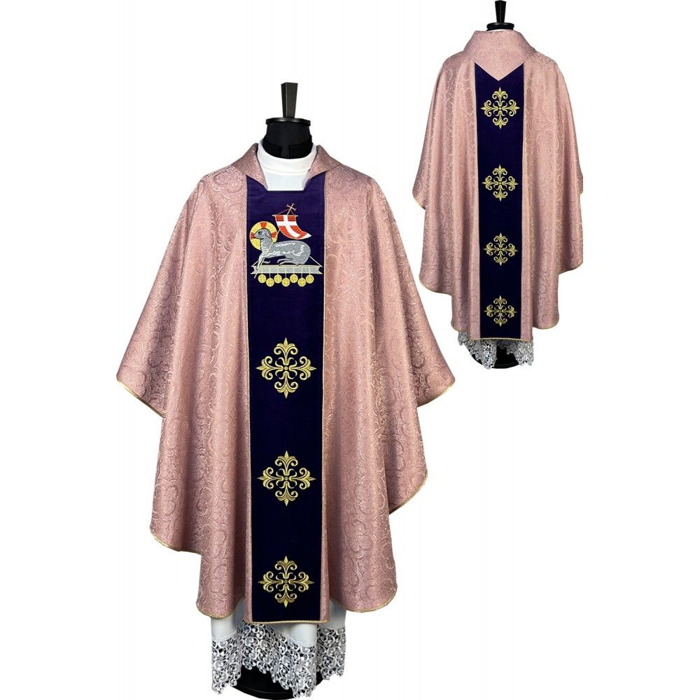 Ornat gotycki różowy + stuła, tkanina żakard (8K) - ORNATY WIELKANOCNE - Nowość
