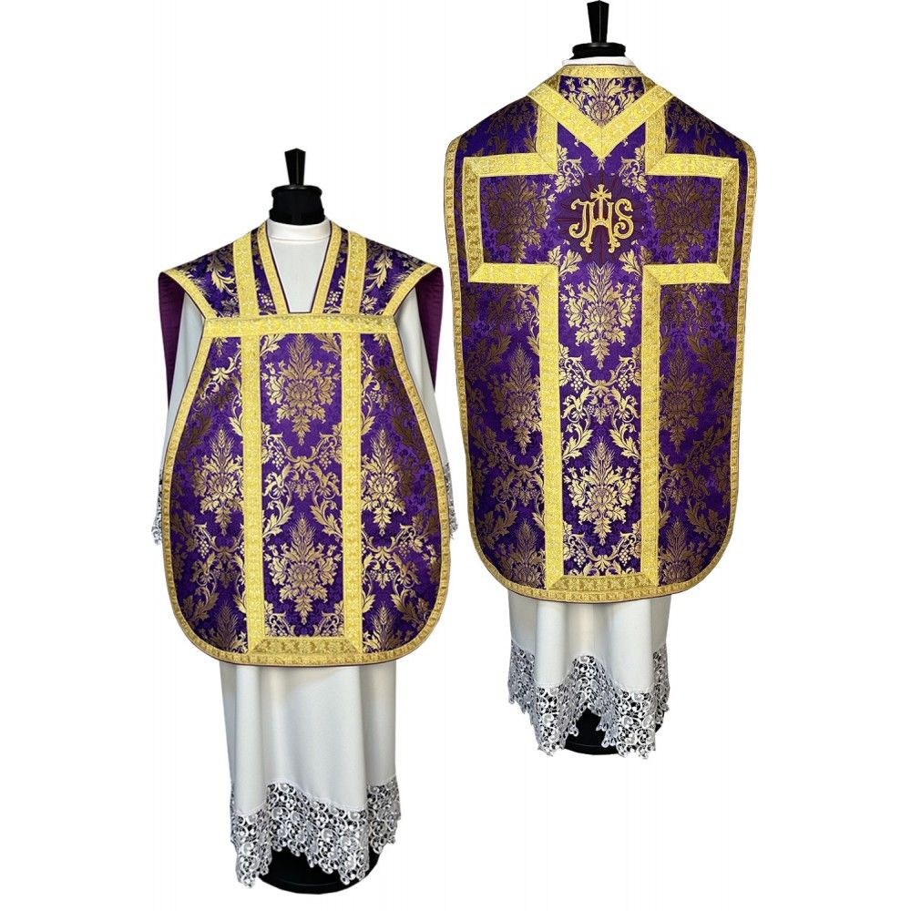 Ornat rzymski fioletowy + Stuła, Manipularz, Bursa i Welon na kielich (22K) - Ornaty rzymskie - Nowość
