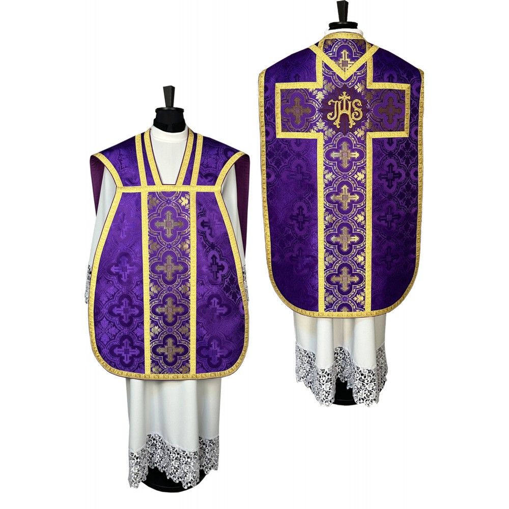 Ornat rzymski fioletowy + Stuła, Manipularz, Bursa i Welon na kielich (31K) - Ornaty rzymskie - Nowość