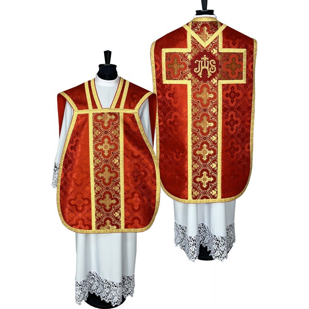 Ornat rzymski czerwony + Stuła, Manipularz, Bursa i Welon na kielich (32K) - ORNATY NA WIELKI POST - Nowość